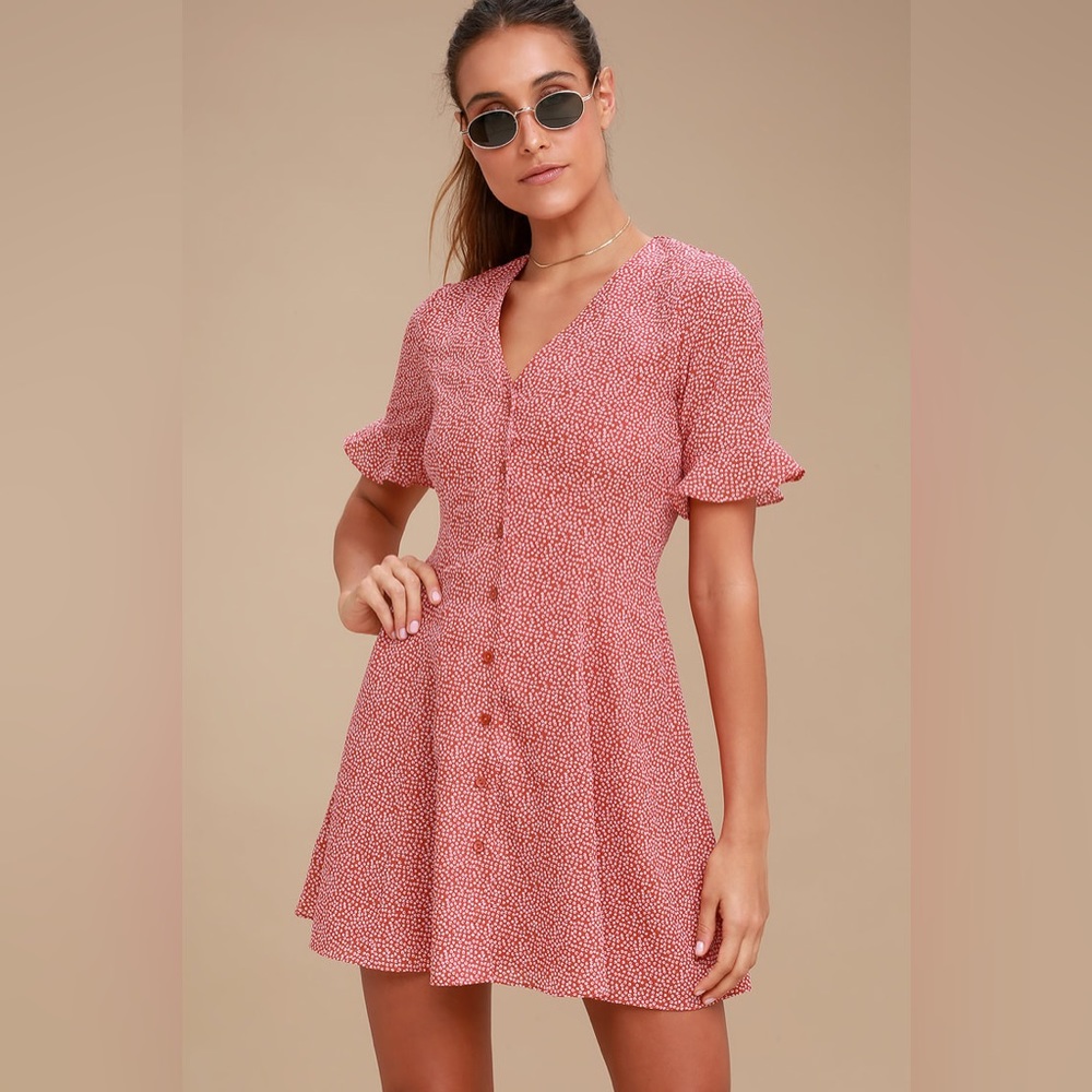 Lulu’s Castana Rust Red Print Button-Up Short Sle… - image 1